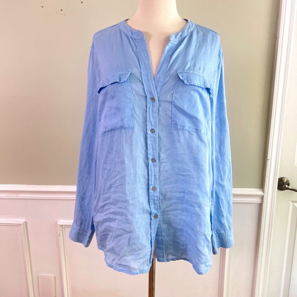 Calvin Klein Button Down Shirt XL Women Linen Blend Roll Tab Light Blue Coastal
